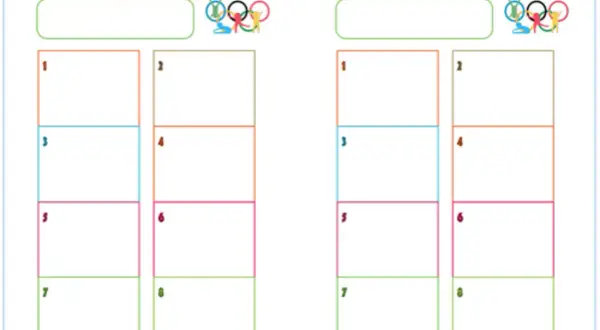 Zwei Vorlagen für Mini Olympiade Spiele mit Feldern zum Eintragen von Namen und Ergebnissen, dekoriert mit olympischen Ringen und kleinen Figuren.