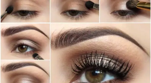 Étapes pour un maquillage soirée : application d'ombres à paupières, d'eye-liner et de mascara pour un regard intense.