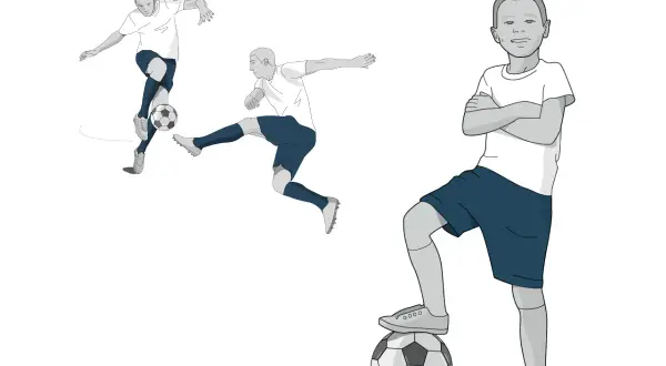 Ilustracja chłopca z piłką i dwóch piłkarzy w ruchu.