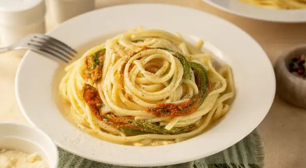 Un piatto di spaghetti conditi con delicati fiori di zucca, un classico della cucina italiana.