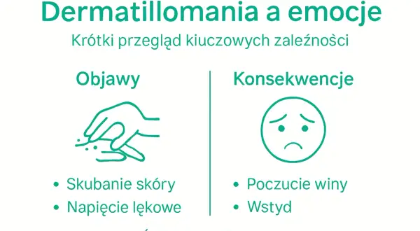 Dermatillomania: objawy (skubanie skóry, napięcie lękowe) i konsekwencje (poczucie winy, wstyd).
