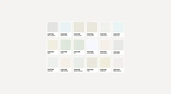 Palette di sfumature di bianco, con nomi evocativi come "Blanc de Blanc" e "Snow White", per ogni colore codice.
