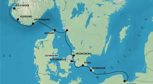 Mapa pokazuje trasę promu z Norwegii przez Danię do Polski. Zastanawiasz się, ile płynie prom do Szwecji? Trasa obejmuje porty jak Göteborg, Helsingborg, Ystad.