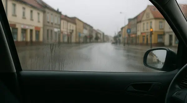 Widok z wnętrza samochodu na deszczową ulicę. Krople na szybie i wilgoć w samochodzie utrudniają widoczność.