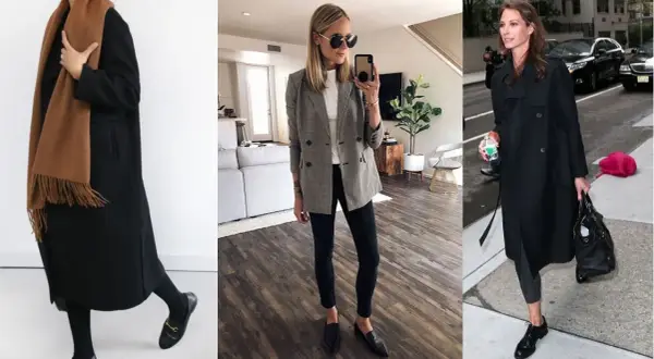 Eleganckie loafersy damskie w stylizacjach: klasyczny płaszcz, marynarka w kratę i trencz.