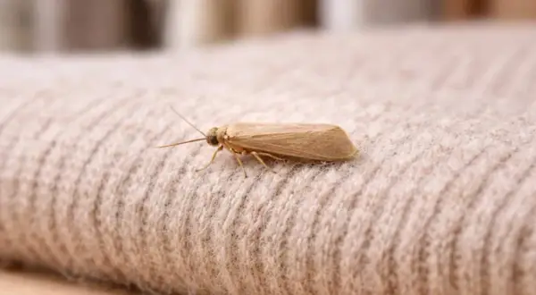 Un petit insecte brun, une mite, se repose sur un tissu beige. Il pourrait être la cause d'un trou de mite dans votre garde-robe.