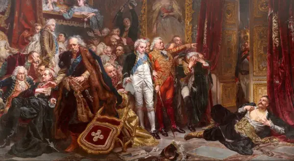 Malarstwo historyczne przedstawiające dramatyczną scenę z udziałem szlachty i wojskowych. W centrum uwagę przykuwa postać w czerwonym stroju, wskazująca palcem.