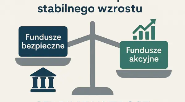 Waga symbolizująca inwestowanie w portfel stabilnego wzrostu. Po jednej stronie "Fundusze bezpieczne" z symbolem banku, po drugiej "Fundusze akcyjne" z wykresem wzrostu.