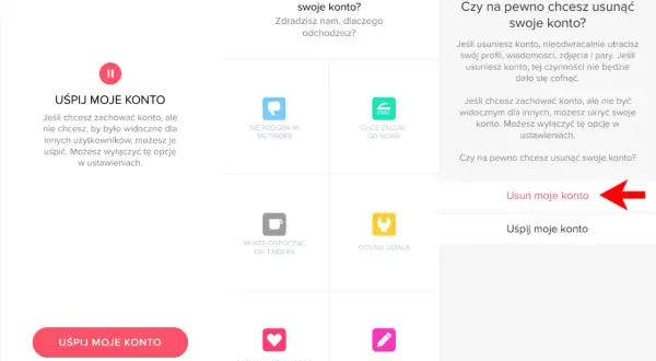 Ekran aplikacji Tinder pokazujący opcje usunięcia konta. Widoczny przycisk "Usuń moje konto" jako krok, jak usunąć konto na Tinderze.