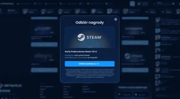 Okno dialogowe z logo Steam i informacją o karcie podarunkowej o wartości 110 zł.