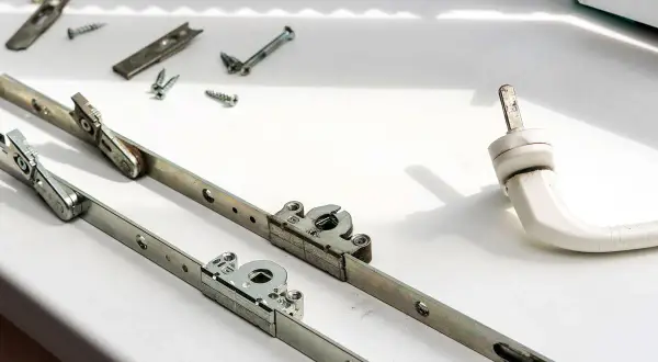Zepsuta klamka w oknie plastikowym. Rozłożone mechanizmy i śruby czekają na naprawę.