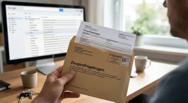Mann hält einen Zeugenfragebogen in der Hand, der per Post kam. Wahrscheinlich wegen eines Blitzers. Ein Computer mit E-Mails ist im Hintergrund zu sehen.