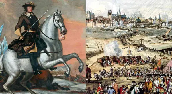 En ryttare på en vit häst till vänster, till höger en strid med en stad i bakgrunden, som påminner om slaget vid Gestilren.