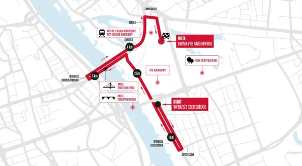Trasa new balance bieg na piątkę w Warszawie: start na Wybrzeżu Szczecińskim, przez Most Świętokrzyski, obok PGE Narodowego, meta na Błoniach.