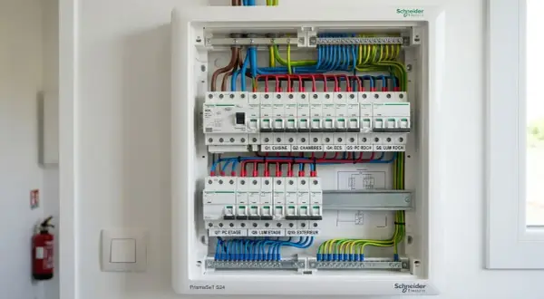Tableau électrique Schneider avec un câblage ordonné et étiqueté pour chaque zone de la maison.