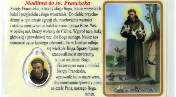 Prosta modlitwa św. Franciszka z Asyżu, ukazująca świętego z gołębiami.