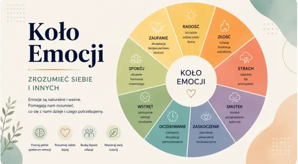 Koło Emocji: prosta definicja dla dzieci. Wykres pokazuje różne emocje, takie jak radość, złość, strach, smutek, zaskoczenie, oczekiwanie, wstręt, spokój i zaufanie.