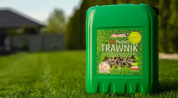 Zielony kanister z napisem "Humus Trawwnik" na tle bujnej, zielonej trawy. To naturalny nawóz, który pomoże Twojemu trawnikowi rozkwitnąć.