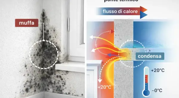 Angolo di una stanza con muffa visibile. Illustrazione di un ponte termico che causa condensa interstiziale e formazione di muffa.