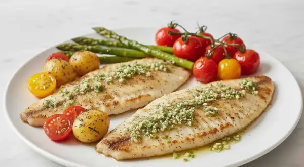 Dos filetes de merluza a la plancha con hierbas, acompañados de patatas pequeñas, espárragos y tomates cherry.