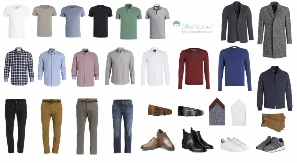 Outfit-Ideen für Männer: T-Shirts, Hemden, Pullover, Hosen, Jacken, Schuhe, Gürtel, Einstecktücher und Handschuhe. So viel Kleidung braucht man für einen stilvollen Auftritt.