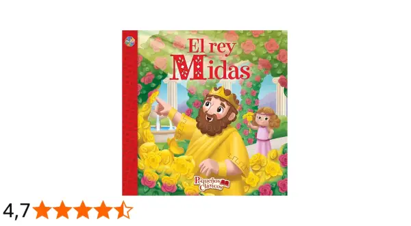 El rey Midas, con su toque dorado, convierte todo en oro. Una niña lo observa, rodeados de rosas y el jardín que él mismo transformó.