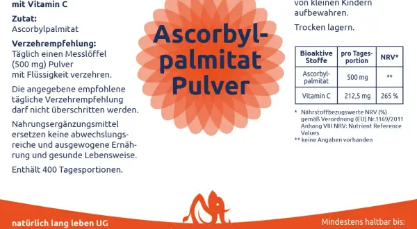 Ascorbylpalmitat Pulver: 500 mg pro Portion. Die Ascorbylpalmitat Wirkung wird hier als Vitamin C-Quelle hervorgehoben. Enthält 400 Tagesportionen.