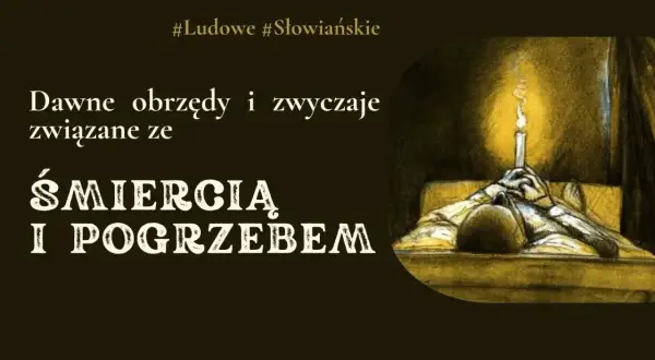Ilustracja przedstawia postać leżącą w łóżku z zapaloną świecą, symbolizującą dawne obrzędy i przesądy cmentarne związane ze śmiercią i pogrzebem.