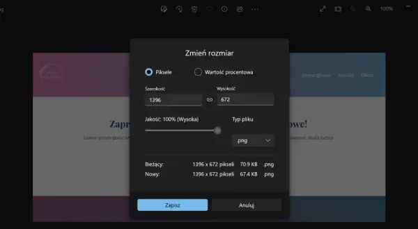 Okno dialogowe "Zmień rozmiar" pozwala na skalowanie obrazu w pikselach lub procentach. Aktualnie ustawiono 1396x672 px.
