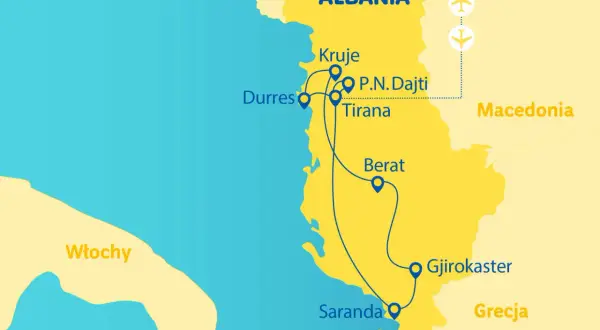 Mapa pokazuje, gdzie leży Albania, między Włochami a Grecją. Zaznaczone są główne miasta: Tirana, Durrës, Kruja, Berat, Gjirokaster i Saranda.