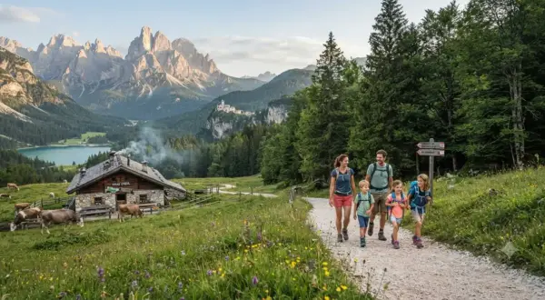 Famiglia in escursione in Trentino, con un rifugio alpino, mucche al pascolo e montagne maestose sullo sfondo.