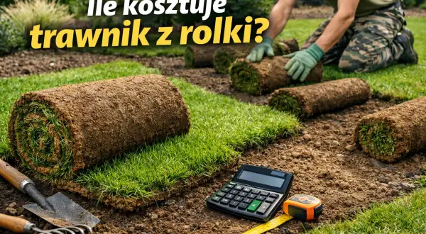 Rolki trawy na ziemi, obok kalkulator i miarka. Zastanawiasz się, ile kosztuje trawa z rolki?