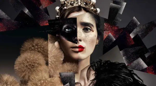 A queen's face, split and reimagined, shows how to make a good collage with dandelions, feathers, and glittery shards.