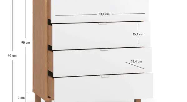 Komoda z szufladami: wymiary 99x90x47 cm. Instrukcja jak złożyć komodę z szufladami, z podanymi wymiarami poszczególnych elementów.