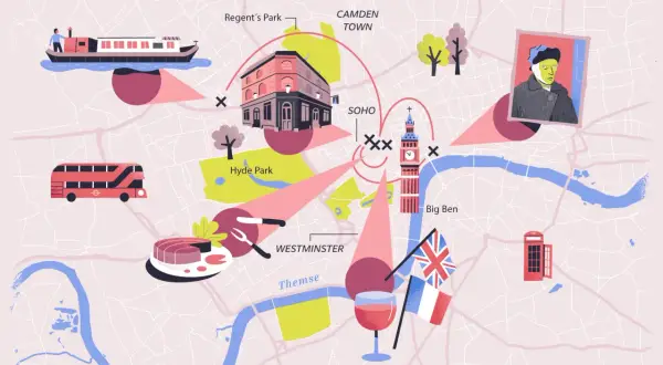 Entdecke, was tun in London: Bootsfahrt auf der Themse, rote Doppeldeckerbusse, Hyde Park, Westminster, Big Ben, Soho, Camden Town & Kunst.