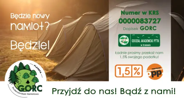 Namioty na tle zachodzącego słońca. "Będzie nowy namlot? Będzie!" - zaproszenie do GORC, studenckiej bazy namiotowej.