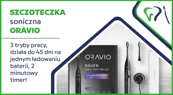 Szczoteczka soniczna ORAVIO z akcesoriami: opakowanie, ładowarka, szczoteczka i końcówki.