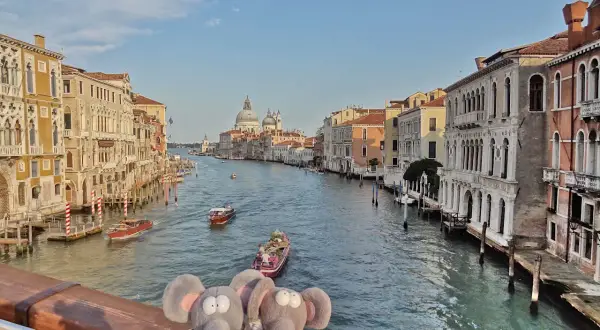 Deux peluches souris regardent le Grand Canal à Venise. Une idée de que faire à Venise : une balade en vaporetto !