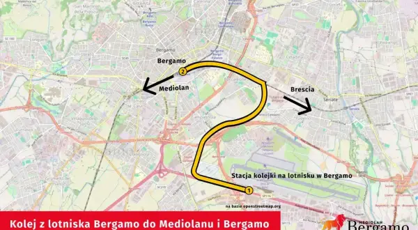 Mapa pokazuje trasę kolejową z lotniska Bergamo do Mediolanu i Bergamo.