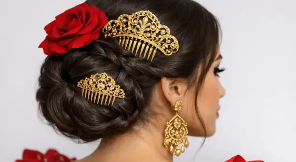 Moño de gitana con peineta dorada y rosa roja.