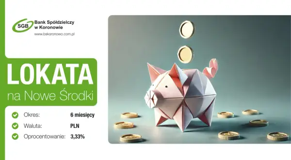Papierowa świnka skarbonka z monetami symbolizuje lokatę na nowe środki. Oprocentowanie 3,33% na 6 miesięcy.