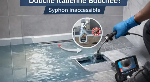 Main bouchée ? Un professionnel utilise une caméra pour déboucher une douche italienne au siphon inaccessible.
