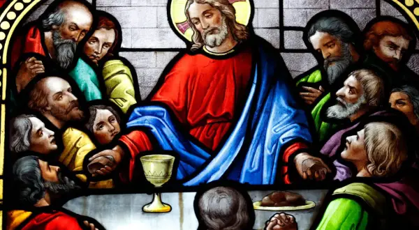 Ostatnia Wieczerza. Jezus z apostołami, wśród nich można rozpoznać, ilu było ewangelistów.