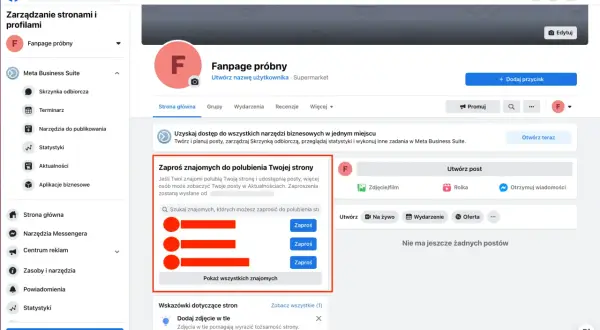 Ekran zarządzania stroną firmową na Facebooku z opcją zapraszania znajomych do polubienia strony.