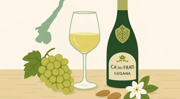 Un bicchiere di vino bianco, un grappolo d'uva e una bottiglia di Ca' dei Frati Lugana, con mandorle e un fiore.