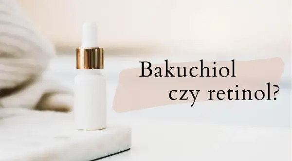 Biała buteleczka z pipetką i złotym wykończeniem. Obok tekst: "Bakuchiol czy retinol?". Dowiedz się, co to bakuchiol.