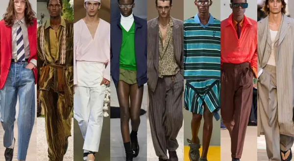 Modelos masculinos lucen atuendos de **looks primavera**: trajes de lino, pantalones anchos y chaquetas vibrantes.