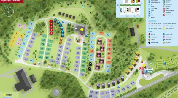 Karta över First Camp Glyttinge - Linköping. Visar campingplatser, stugor, servicehus och reception.