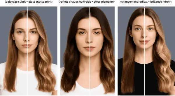 Trois femmes présentent un effet soleil cheveux subtil, moyen et marqué. Le balayage léger, les reflets chauds ou froids et le changement radical sont illustrés.