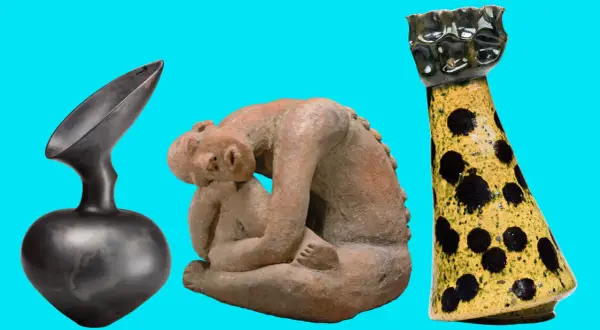 Three famous ceramic pieces: a dark, sculptural vase; a terracotta figure of a person embracing another; and a yellow vase with black polka dots.